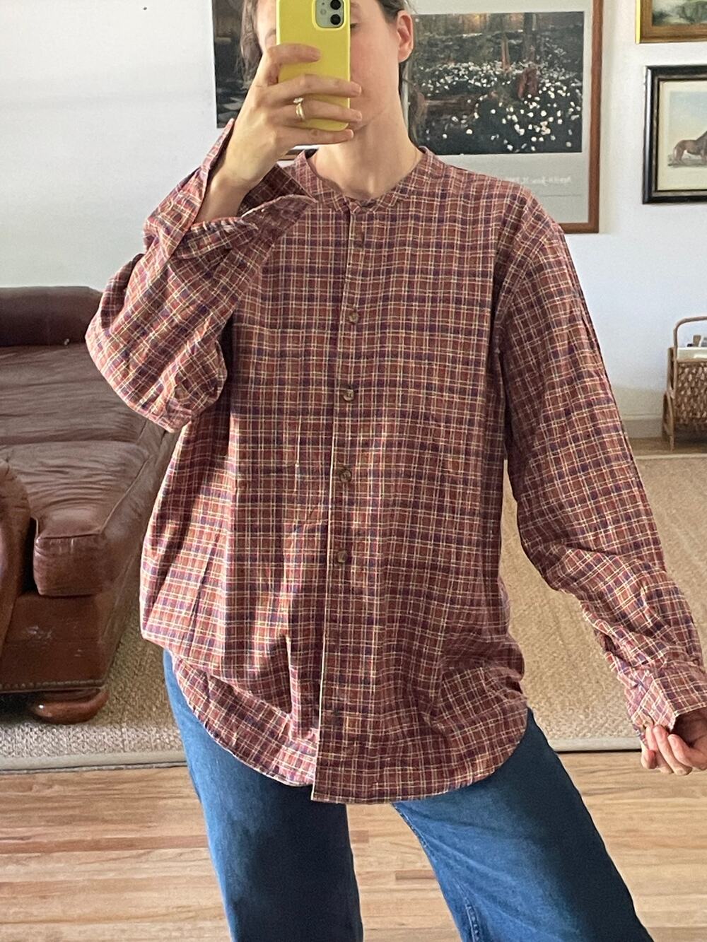 Plaid Cotton High Neck Vintage Button Down Shirt Size Large